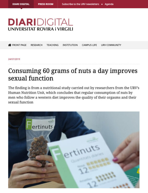 スペインのロビライビルジリ大学（URV）の「1日60グラムのナッツを摂取すると性機能が改善される」という研究記事