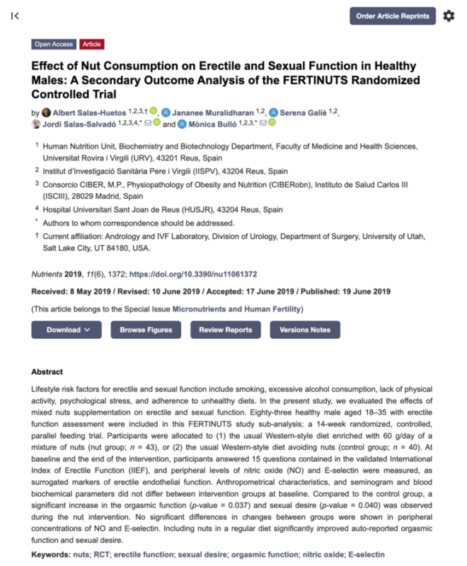 URV（UNIVERSITAT ROVIRA i VILGILI）の研究論文「Effect of Nut Consumption on Erectile and Sexual Function in Healthy Males: A Secondary Outcome Analysis of the FERTINUTS Randomized Controlled Trial」